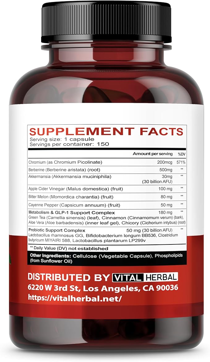 VITAL HERBAL Liposomal GLP-1 Support with Berberine & Akkermansia Probiotic Cinnamon – Supports Metabolism, Digestion & Microbiome Health – 150 Capsules – Made in The USA