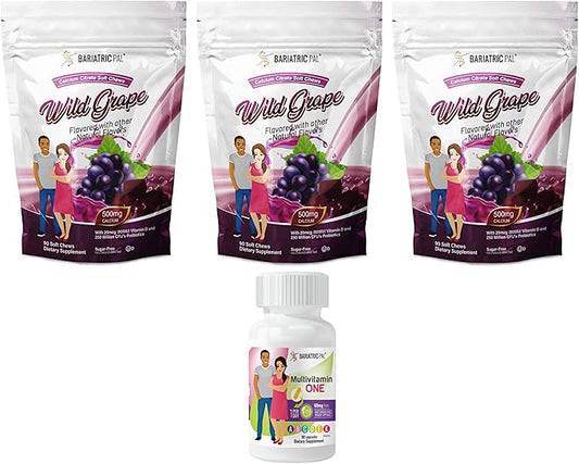 BariatricPal 90-Day Bariatric Vitamin Bundle (Multivitamin ONE 1 per Day! Capsule with 60mg Iron and Calcium Citrate Soft Chews 500mg with Probiotics - Wild Grape)