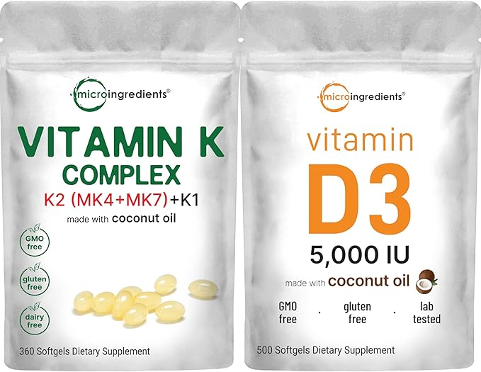 Micro Ingredients Super Vitamin K Complex (K2 MK7 + MK4 & K1) & Vitamin D3 5,000 IU Bundle Pack | Easily Absorbed K Vitamins, Active Menaquinone Complex | Vitamin D as Cholecalciferol
