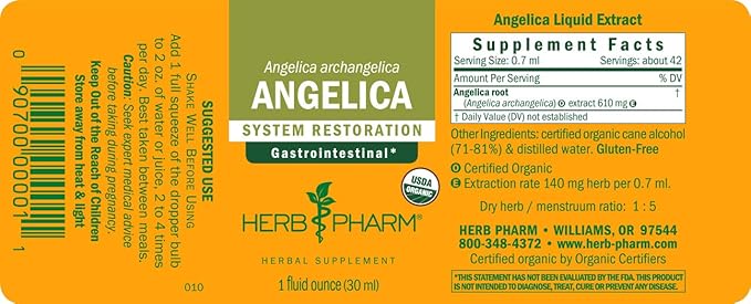 Herb Pharm Certified Organic Angelica Root Liquid Extract for Digestive Support, 1 Fl Oz (Pack of 2)