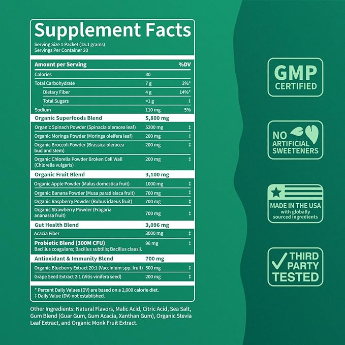Supergreens Premium Superfood Greens Drink Mix w/Chlorella, Moringa, Spinach & Broccoli + Digestive Enzymes & Probiotic Blend -Nutrient-Packed Powder Wellness (Apple Pear, 20 SRV, Travel Pack)