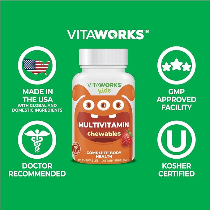 Kids Multivitamin with Iron & Minerals Chewable Tablets - Mixed Fruit Flavor - Vegetarian, GMO-Free, Nut Free - Dietary Supplement - Digestive Support for Children - 120 Chewables",