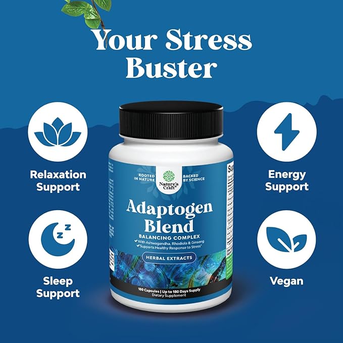 Herbal Adaptogen Mood Support Supplement - Calming Adaptogens Supplement for Stress & Cortisol Management with Ashwagandha Rhodiola Rosea & Maca Root - Vegan Non GMO & Daytime Friendly -180ct