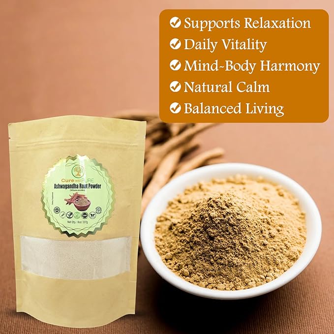 Cure wid Pure Certified Organic Ashwagandha Root Powder – 8oz/ 0.5Lb Non-GMO,Raw & Additives-Free Lab Tested Ashwagandha Powder Organic – Ayurvedic Adaptogenic Herbal Supplement in Eco-Friendly Bag