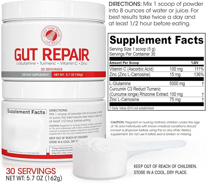 Silver Fern Gut Repair - Digestive Health Supplement Powder - L-Glutamine, Curcumin, Zinc & Ascorbic Acid (2 Tubs - 60 Servings)
