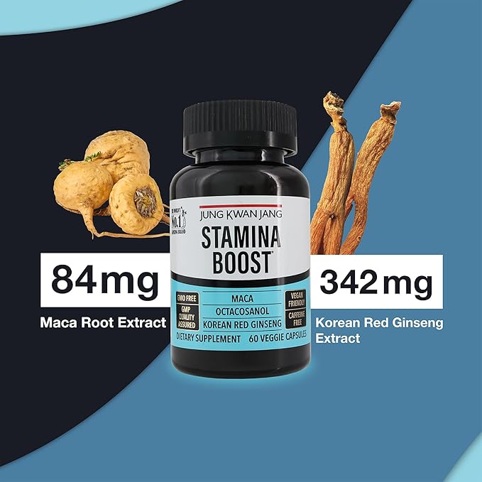 JungKwanJang Men's Stamina Boost with Korean Red Ginseng, Maca, and Octacosanol for Men's Health and Energy Supplement, 60 Capsules