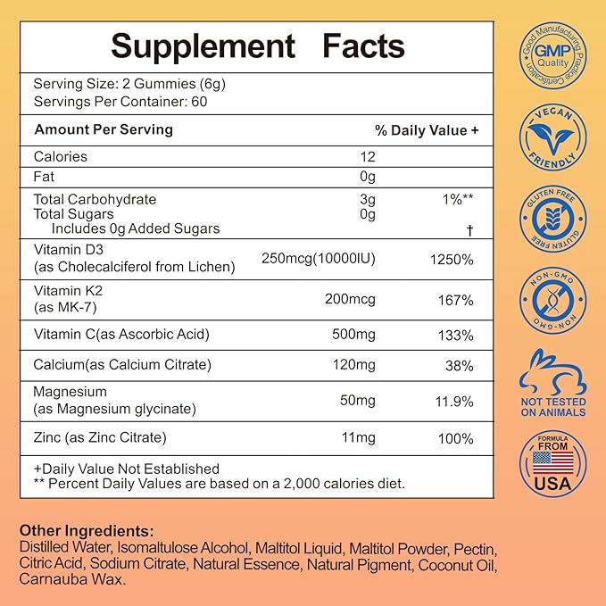 Vitamin D3 K2 Gummies Sugar-Free,Vitamin D3 10000 IU with K2 200mcg,VitaminC,Calcium,Magnesium,Zinc,Support for Bones,Joints,Muscles,Nerves,and Immune System