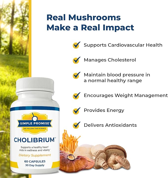 Simple Promise - Cholibrium - Mushroom Supplement with Lions Mane - Heart and Cholesterol Support, 60 Capsules