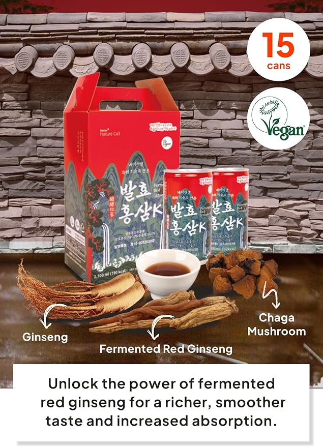 Korean Food Red Ginseng Drink Liquid with with Siberian Chaga Mushroom, 9 Dried Fermented Ginseng, Vegan15 Cans x 180ml (6.08 fl oz Each), Total 2.7L (91.2 fl oz) Naturecell, Great for Gifts, 발효 홍삼K