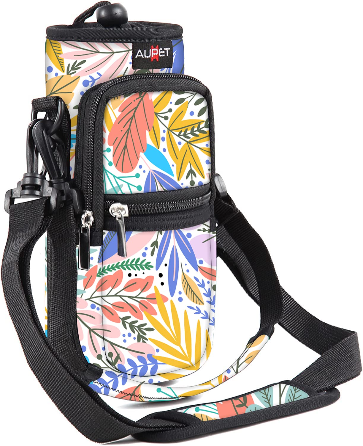 AUPET Water Bottle Sling Bag Sleeve Holder Carrier 25/32/40/64 oz,Insulated Crossbody Water Bottle Case Cover with Strap and Pockets for Men/Women Walking Hiking Camping (25oz, yellow leaves)