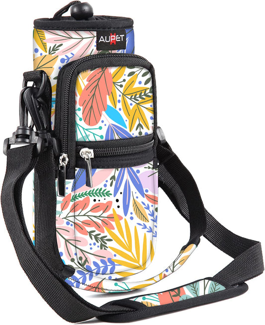 AUPET Water Bottle Sling Bag Sleeve Holder Carrier 25/32/40/64 oz,Insulated Crossbody Water Bottle Case Cover with Strap and Pockets for Men/Women Walking Hiking Camping (25oz, yellow leaves)