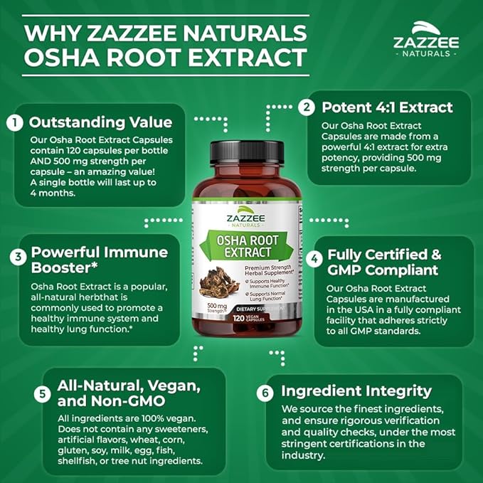 Zazzee OSHA Root 4:1 Extract, 500 mg Strength, 120 Vegan Capsules, 4 Month Supply, Concentrated and Standardized 4X Extract, 100% Vegetarian, Ligusticum porteri, All-Natural and Non-GMO