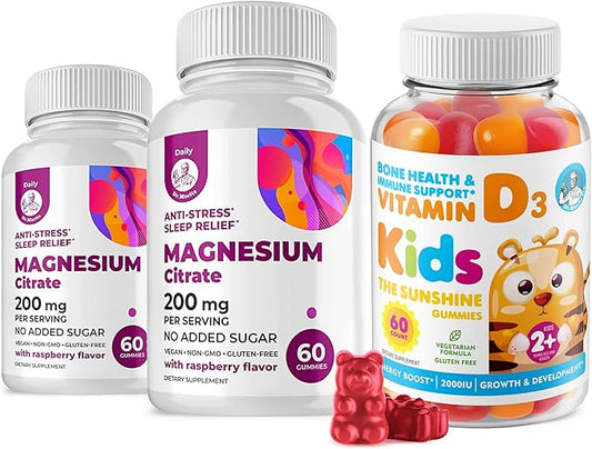 Vitamin D Gummies for Kids&Adults 2000 IU and Magnesium Gummies - healthy Vitamin D3 Supplements 1000IU - Vegetarian Gelatin-Free Immune Support with Sugar-Free Magnesium Calm Chews for Kids&Adults