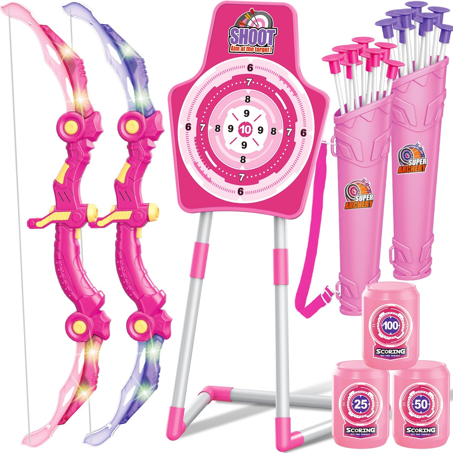 GMAOPHY Bow and Arrow Toys with LED Flash Lights for Girls 5 6 7 8 9 10 Year Old, Archery Set Indoor Outdoor Activity with 20 Suction Cup Arrows,Quiver & 2 Targets,Gifts for Girls