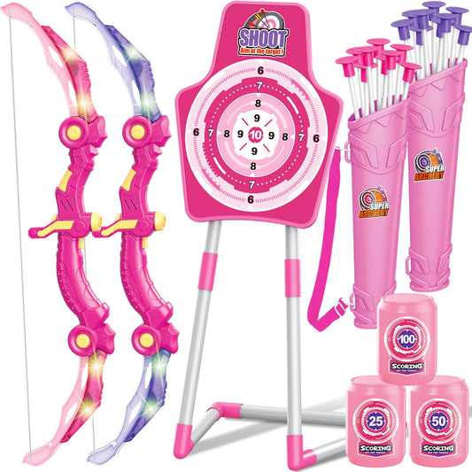 GMAOPHY Bow and Arrow Toys with LED Flash Lights for Girls 5 6 7 8 9 10 Year Old, Archery Set Indoor Outdoor Activity with 20 Suction Cup Arrows,Quiver & 2 Targets,Gifts for Girls