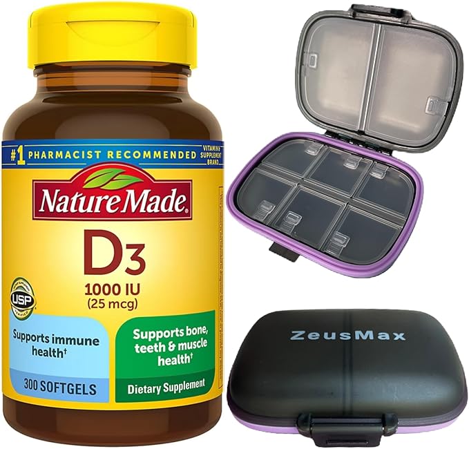 Vitamin D3 1000 IU (25 mcg) – 300 Softgels for Immune Support & Bone, Teeth & Muscle Health – #1 Pharmacist Recommended Brand 125% Vitamin D in One Daily Softgel Portable Pill Case