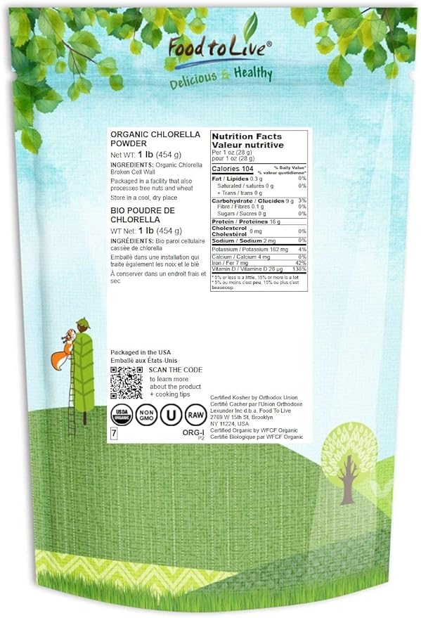 Food to Live Organic Chlorella Powder, 1 Pound — Non-GMO, Kosher, Raw Green Algae, Vegan Superfood, Bulk, Pure Vegan Green Protein, Rich in Vitamins and Minerals, Great for Drinks, Broken Cell Wall