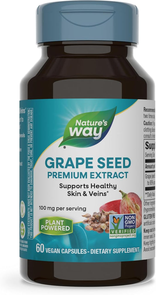 Nature's Way Grape Seed Premium Extract, Supports Healthy Skin and Veins*, Antioxidant Support*, Non-GMO Project Verified, 60 Vegan Capsules (Packaging May Vary)