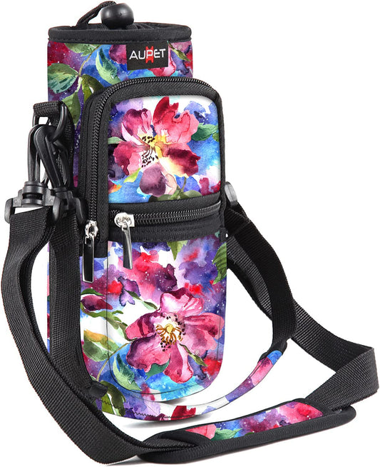 AUPET Water Bottle Sling Bag Sleeve Holder Carrier 25/32/40/64 oz,Insulated Crossbody Water Bottle Case Cover with Strap and Pockets for Men/Women Walking Hiking Camping (25oz, red flower)