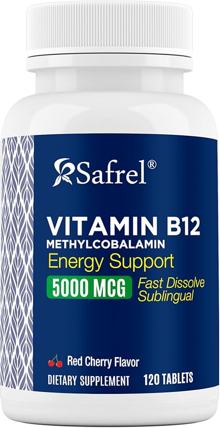 Safrel Vitamin B12 5000 mcg Methylcobalamin, 120 Fast Dissolve Tablets, Easy to Take Sublingual B12 Cherry Flavor, 120 Day Supply