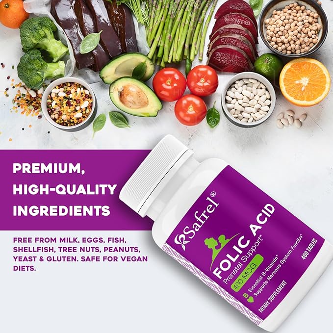 Safrel Folic Acid 400 mcg - Vitamin B9-400 Tablets, Essential Prenatal and Postnatal Vitamin for Fetal Development, Red Blood Cell Production, Cell and Neural Development | Non-GMO, Vegan
