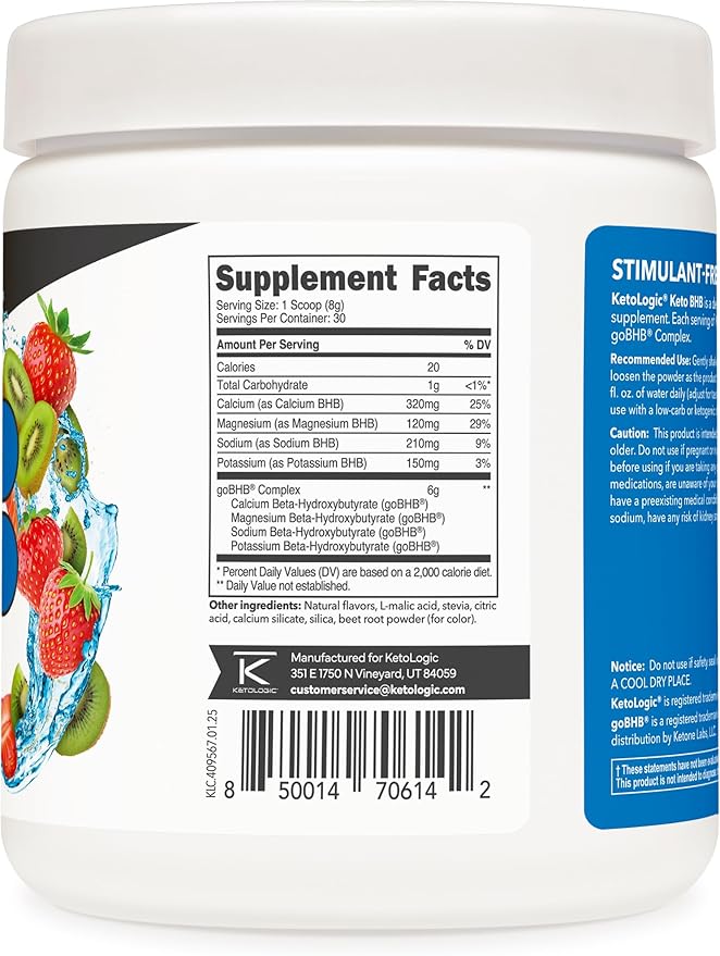 Ketologic Keto BHB (Strawberry Kiwi Flavor) 30 Servings - Exogenous Ketone Supplement with goBHB, Beta-Hydroxybutyrate Salts