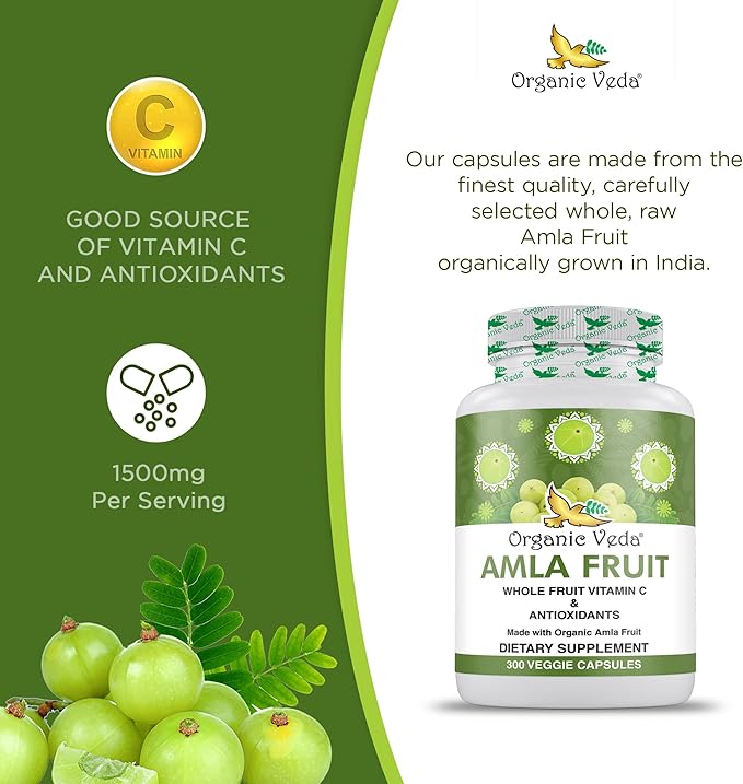 Organic Veda Amla Capsules - 1500mg, 300 Capsules Organic Whole Fruit Amla Powder - Natural Vitamin C for Immunity, Skin Radiance, Antioxidants - Vegan, Non GMO, Raw Vitamin C Supplements