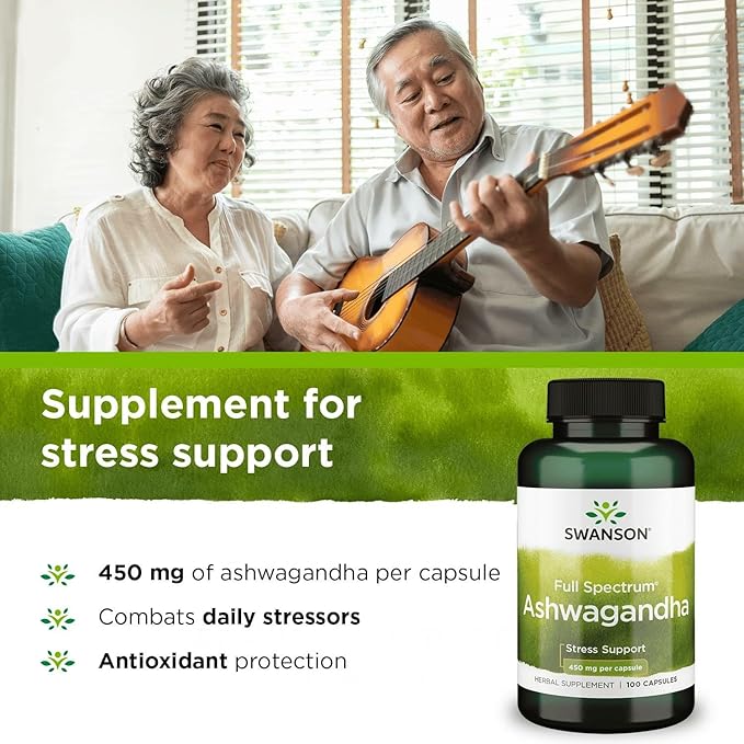 Swanson Ashwagandha Powder Supplement-Ashwagandha Root & Aerial Parts Supplement Promoting Stress Relief & Energy Support-Ayurvedic Supplement for Natural Wellness (100 Capsules, 450mg Each)