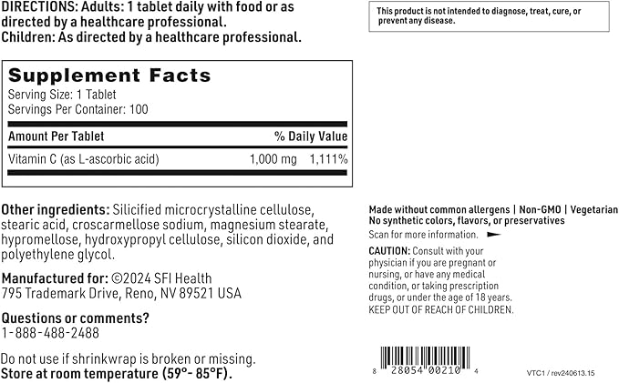 Klaire Labs Vitamin C - 1000 Milligrams L-Ascorbic Acid in Coated Tablets to Protect from Oxidation (100 Tablets)