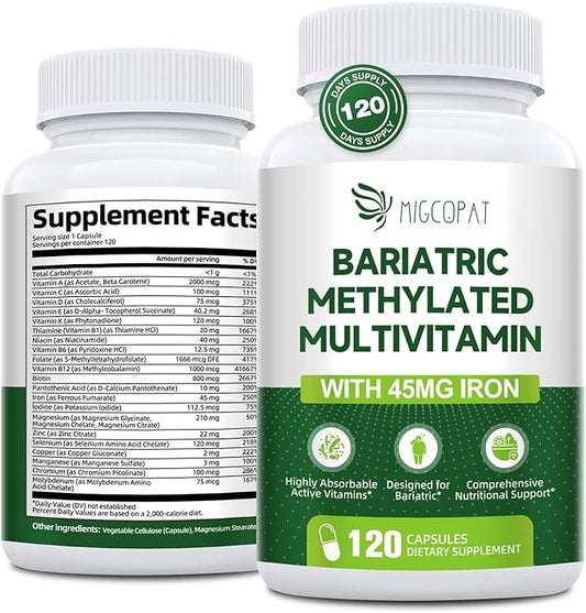 Bariatric Multivitamin with Iron 45mg, Methylated Multivitamin with Vitamin B12 & Methylfolate, Post Surgery Vitamins for Gastric Bypass & Sleeve Patients, Iron Supplement for Women & Men - 120 Caps