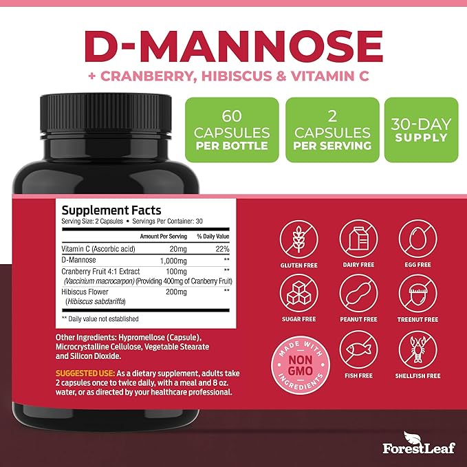 ForestLeaf D Mannose 1000mg Capsules - D-Mannose with Cranberry, Hibiscus & VIT C, Urinary Tract Health for Women and Men, Organic DMannose Pills for UTI, Urinary Health & Bladder Support 60 Capsules