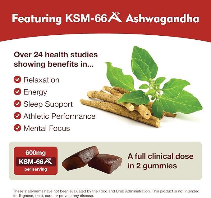 KSM-66 Ashwagandha Gummies - 600mg Organic Root Extract per Serving - Delicious Natural Apple-Berry Flavor | Supports Relaxation, Focus, & Energy (60 Gummies)