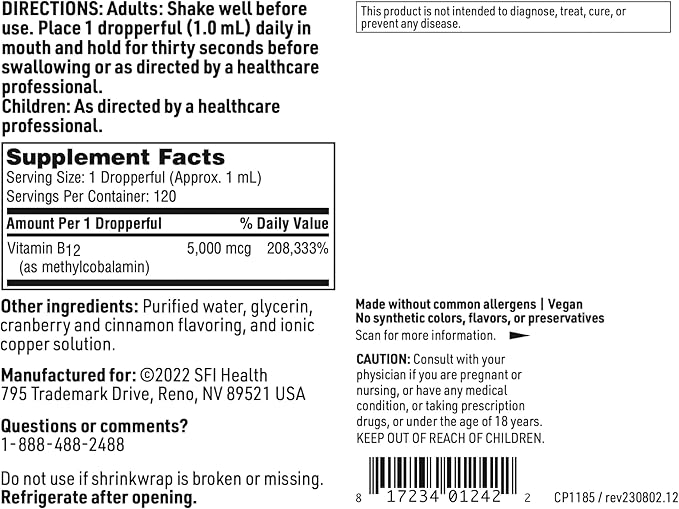 Klaire Labs Vitamin B12 Liquid Drops 5mg - Mood & Cognitive Support from 5000mcg Active Coenzyme Methylcobalamin - Hypoallergenic (120 Servings, 4 Fluid Ounces)