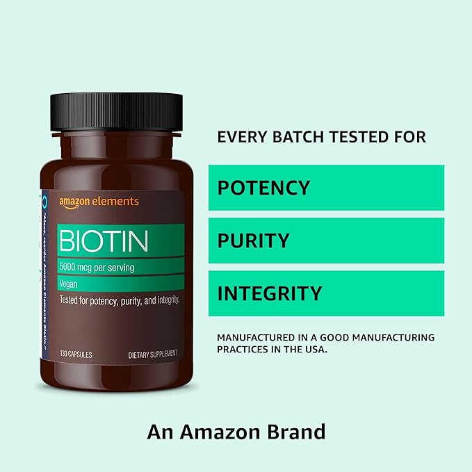 Amazon Elements Vegan Biotin 5000 mcg - Hair, Skin, Nails, 130 Capsules (4 Month Supply) (Packaging May Vary) (Pack of 2)