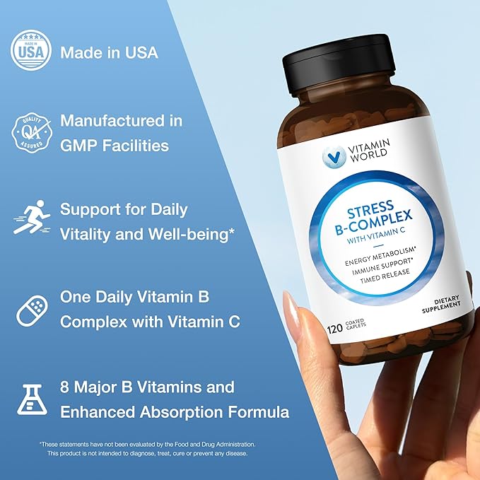 Vitamin World Stress Vitamin B Complex with Vitamin C, Timed Release High-Potency Vitamin B6, B12, Niacin, Folate & Biotin for Stress, Energy, Metabolism & Immune Support, Non-GMO, 120 Caplets