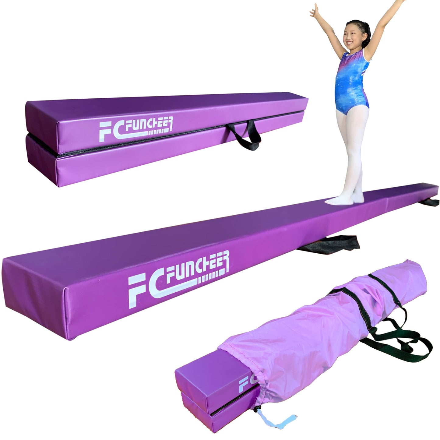 FC FUNCHEER 8FT Folding Balance Beam Gymnastics Beam Wood core Floor Beam with Anti-Slip Bottom Stainless Hinge and Carrying Bag … (Polyester, Light Purple)
