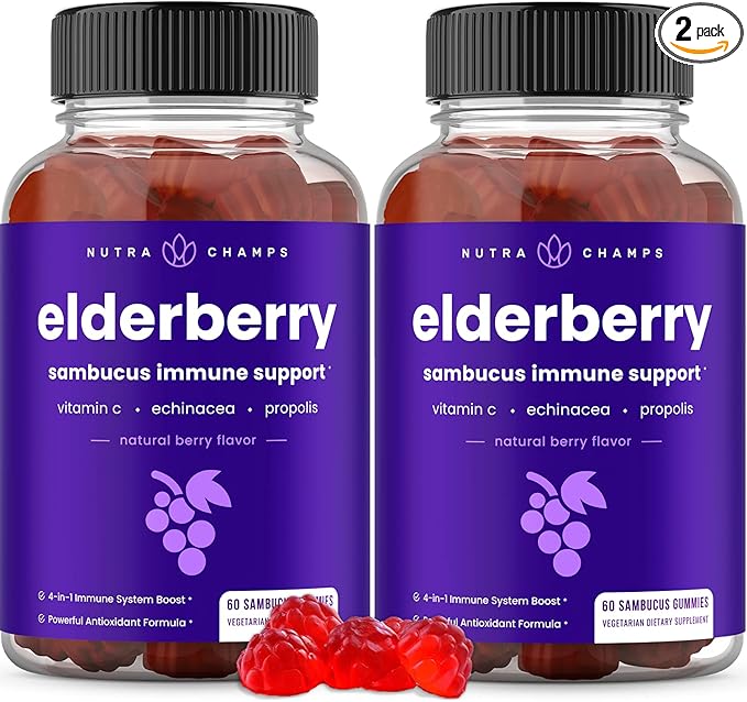 NutraChamps Elderberry Gummies, Sambucus Elderberry Gummies for Adults & Kids, Vitamin C, Propolis & Echinacea, Max Strength Immune Support Gummies, Natural Berry Flavor, 120 Gummies (Pack of 2)