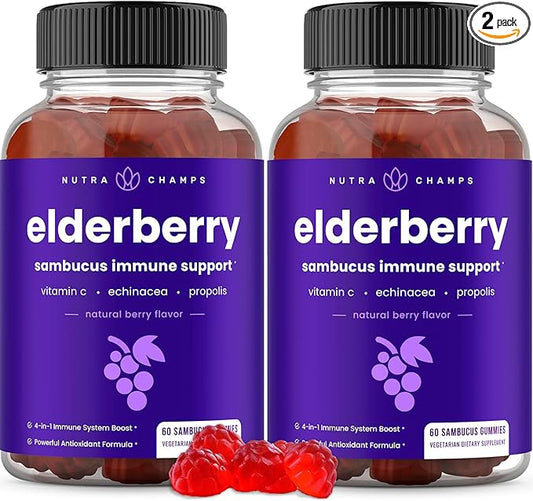 NutraChamps Elderberry Gummies, Sambucus Elderberry Gummies for Adults & Kids, Vitamin C, Propolis & Echinacea, Max Strength Immune Support Gummies, Natural Berry Flavor, 120 Gummies (Pack of 2)