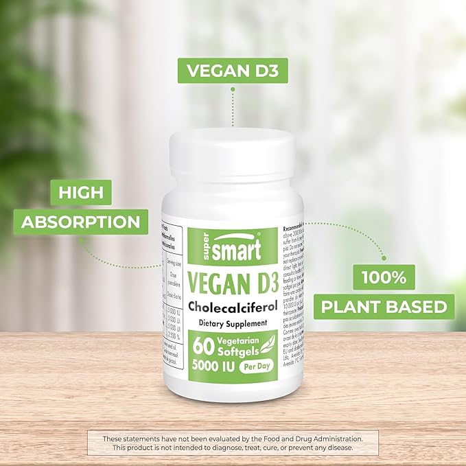 Supersmart - Vegan Vitamin D3 Supplement 5000 IU - 100% Plant Based Cholecalciferol - Sourced from GMO-Free & Pesticide-Free Algae | Non-GMO & Gluten Free - 60 Softgels