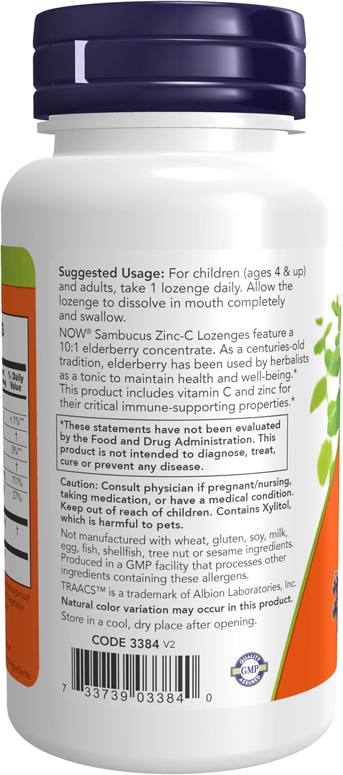 NOW Supplements, Sambucus Zinc-C with Elderberry Concentrate and Vitamin C, 60 Lozenges (Pack of 2)