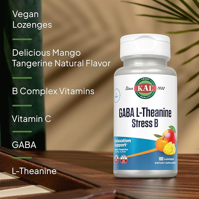 KAL GABA L-Theanine Stress B Lozenge, B Complex Vitamin Supplement, Healthy Relaxation, Mood & Focus Support, Natural Mango Tangerine Flavor, Vegan, 50 Servings, 100 Lozenges