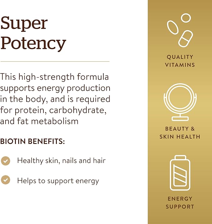 Solgar Biotin 5000 mcg - Promote Healthy Skin, Nails & Hair - Supports Energy Production, Protein, Carbohydrate & Fat Metabolism - Vitamin B - Non GMO, Vegan, Gluten Free - 100 Servings, Unflavored, Standard Packaging, 100 Count