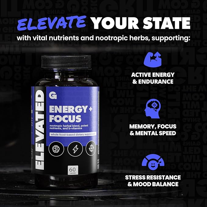 Gains in Bulk Elevated Nootropic Herbal Energy Supplements with Ginkgo Biloba, B Vitamins, DMAE, Clean Energy & Focus Supplement, Supports Digestive Health, Cognitive Brain Health, Vegan, 60 Capsules