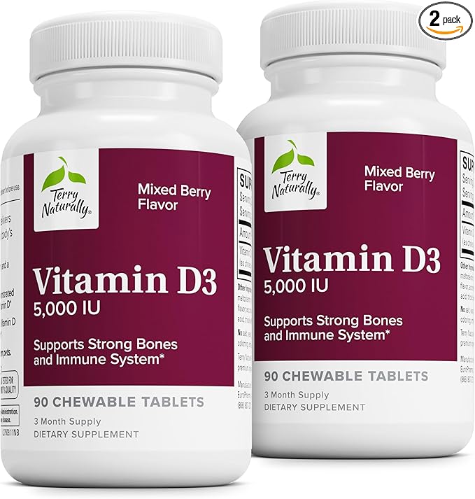 Terry Naturally Vitamin D3 - Bone Health & Bone Strength Support Supplement - Immune System & Brain Support - 5,000 IU Vitamin D Tablets with Mixed Berry Flavor - 90 Chewable Tablets (Pack of 2)