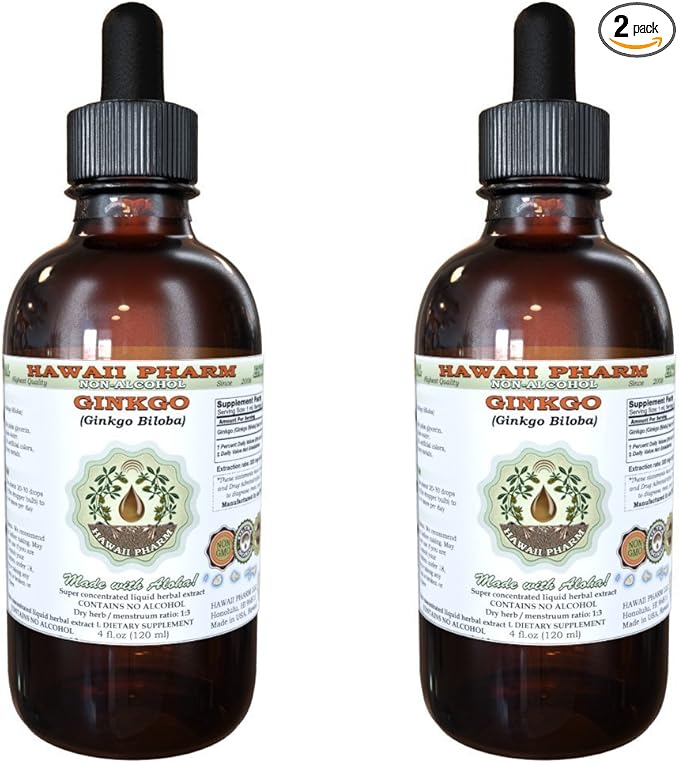 Ginkgo Alcohol-Free Liquid Extract, Organic Ginkgo (Ginkgo Biloba) Dried Leaf Glycerite Hawaii Pharm Natural Herbal Supplement 2x2 oz
