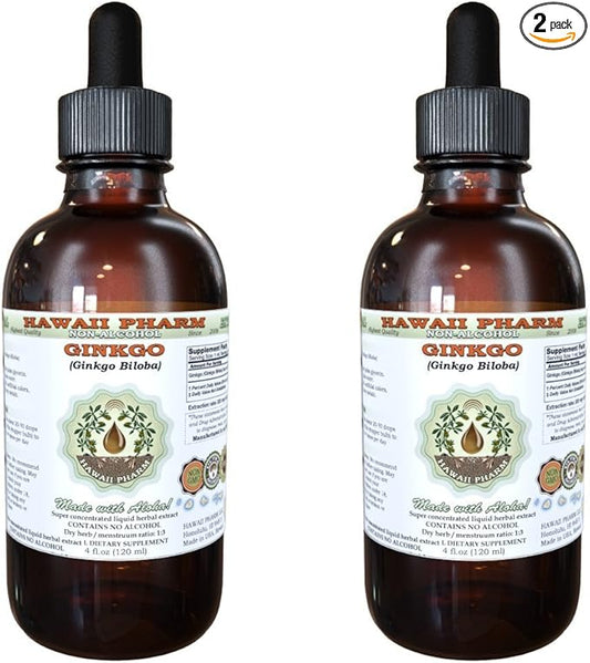 Ginkgo Alcohol-Free Liquid Extract, Organic Ginkgo (Ginkgo Biloba) Dried Leaf Glycerite Hawaii Pharm Natural Herbal Supplement 2x2 oz