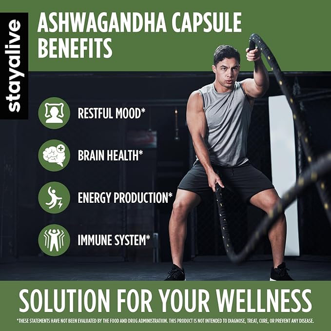 STAY ALIVE Ashwagandha with Black Pepper, 10:1 Extract, 120 Pills, 100% Pure Root Powder, Extra Strength Capsules, Non-GMO & Gluten Free Ashwagandha Supplements for Women and Men