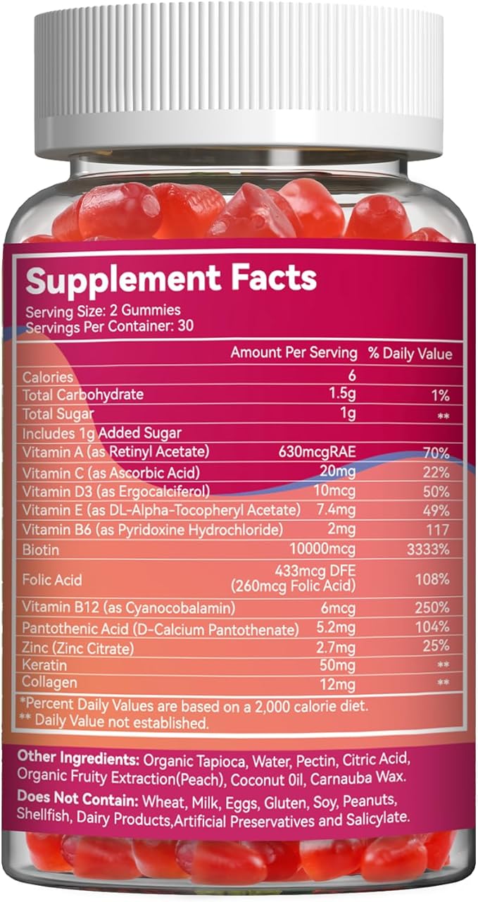 Biotin Gummies for Hair Growth 10000 mcg, Hair Skin and Nails Gummies with Folic Acid, Vitamins A, B, C, E & D, Vegan biotin Vitamins for Women & Men, 60 Gummies