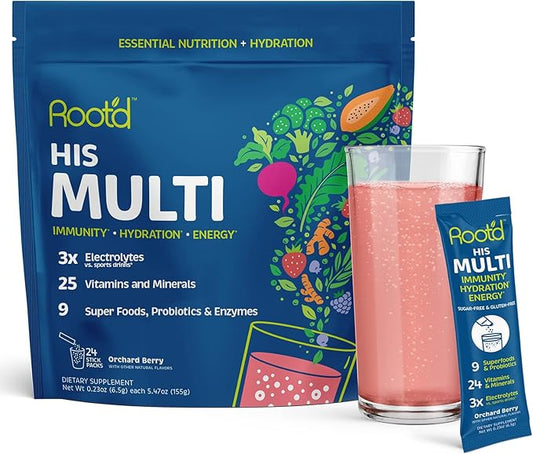 Root'd Multivitamin Powder with 3X Electrolytes for Men - 24 Vitamins & Minerals, 3X Electrolytes, 9 Superfoods, Probiotics & Enzymes, Sugar-Free Multivitamin & Hydration | 24 Packets