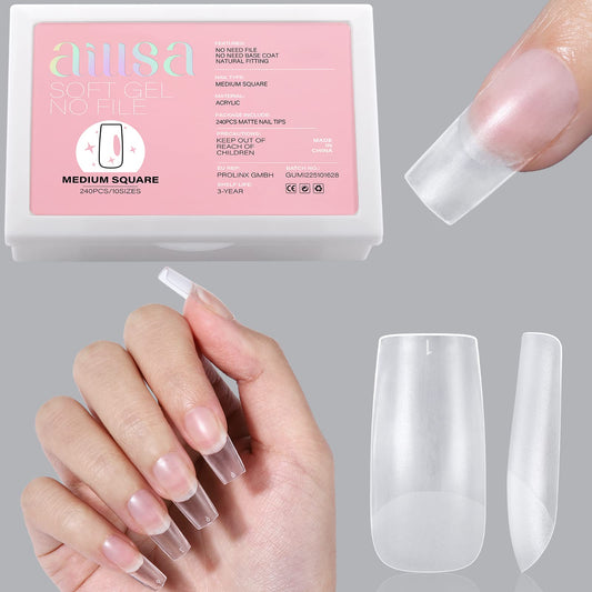 AILLSA Medium Square Nail Tips - Upgraded Matte Gel Full Cover Nails Tips No Filed, 240Pcs Pre-shaped Gelly Tips Acrylic Clear Fake Press On Soft Nail Tip for Soak Off Nail Extension 10 Sizes